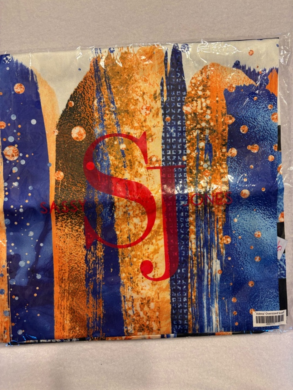 Sassy Jones Oversized Scarf Adeea — Blue & Orange Abstract Print